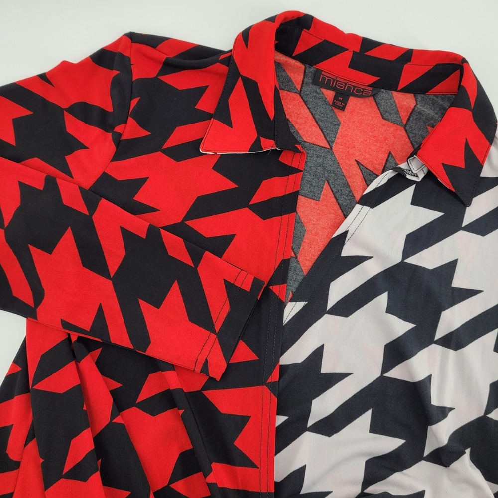 Mishca Womens M Red Black White Houndstooth Wrap Tunic Top Long Sleeve Tie Front